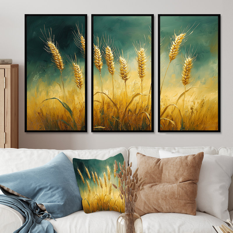 «Green Golden Wheat Fields II», ensemble d'art mural ferme, H 28 po x l 36 po x P 1 po, Toile avec cadre flottant noir
