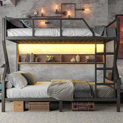 Lit superposé grand sur grand, lit superposé en métal avec tablettes de rangement et lumières, conception peu encombrante et silencieuse