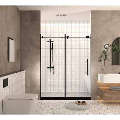 American - Style Shower Door 44 48" W X 76" H, 6 Mm Clear Tempered Glass, Matte Black Finish, Stainless Steel Handle, Proof Film, Large Wheels For Quiet Movement Wide And Tall, 1/4" 6 Mm