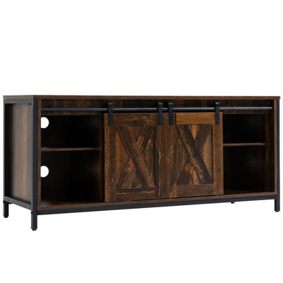 Meuble télé Gracie Oaks pour téléviseur de 60 po ou moins, console de télévision avec rangement et 2 portes de grange coulissantes, unité de divertissement autoportante pour le salon, brun