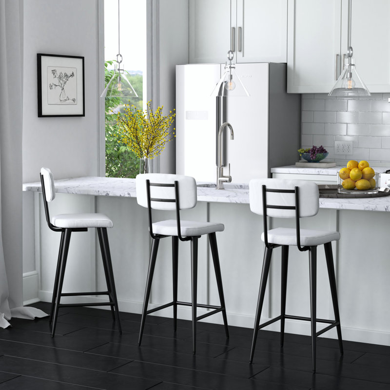 Bertita Upholstered Counter Stool with Metal Frame, Black, White Genuine Leather