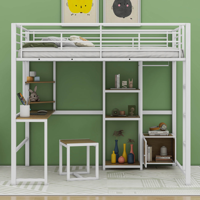 Lit mezzanine double avec bureau et tabouret, garde-robe de style ouvert, tablettes et armoire, Blanc