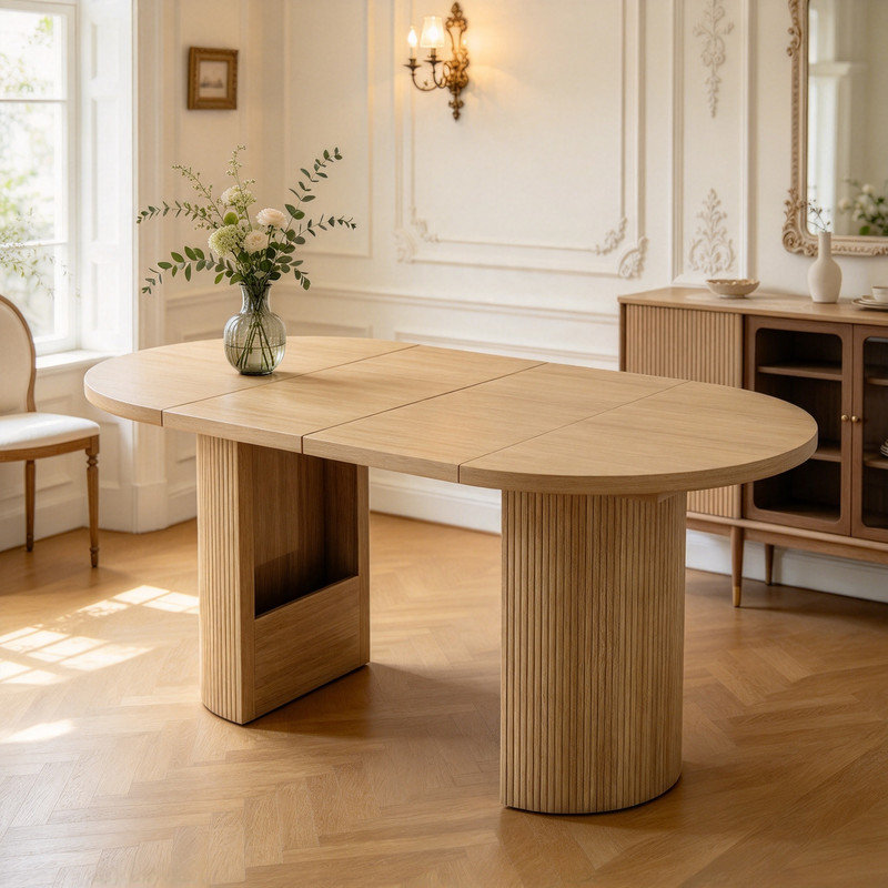 Extendable Dining Table 90-160 x 90 cm, Round to Oval Dining Room Table for 4-8 People, 3-Stage Extendable Table with 28 mm Thick Top and Fluted Pedestal Base, Oak