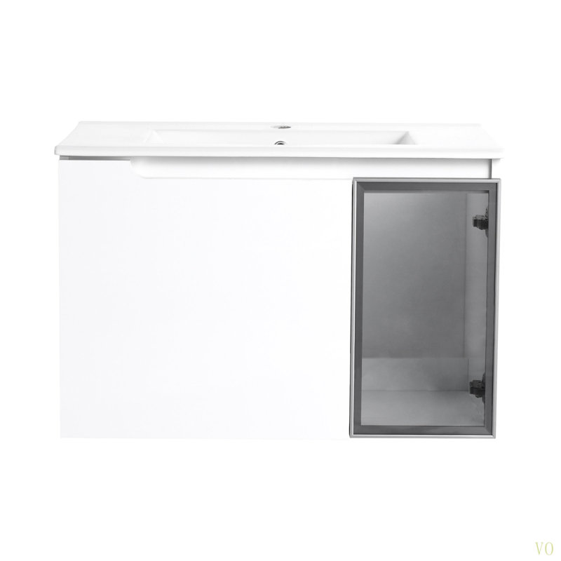Meuble-lavabo mural 30 po avec lavabo en céramique, 2 portes à fermeture en douceur, meuble-lavabo et demi-porte en verre, contreplaqué (emballage KD)