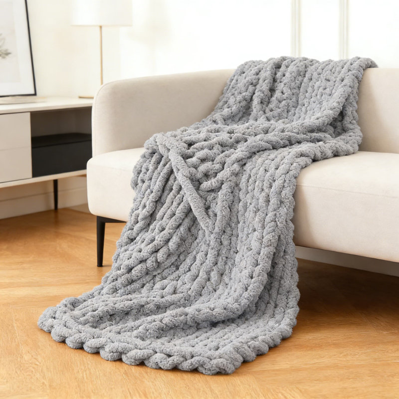Jeté Chunky Knit Chenille, L 63 po x l 51 po, Gris foncé