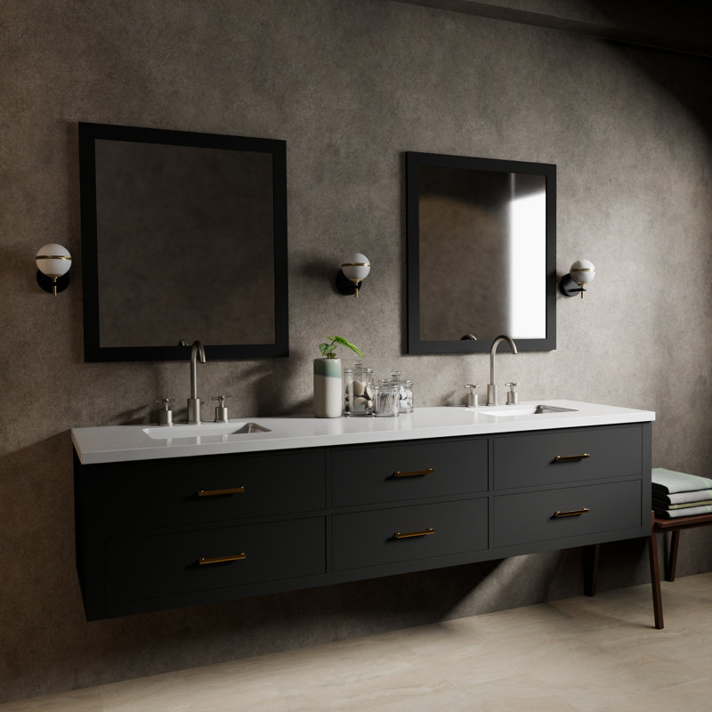 84" Wall-Mounted Double Bathroom Vanity Set, Black, White Cultured Marble
