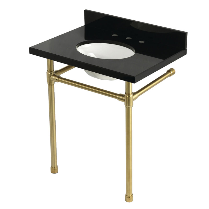 Kingston Brass Dreyfuss 30-Inch Black Granite Console Sink with Stainless Steel Legs (8-Inch, 3-Hole), Brushed Brass