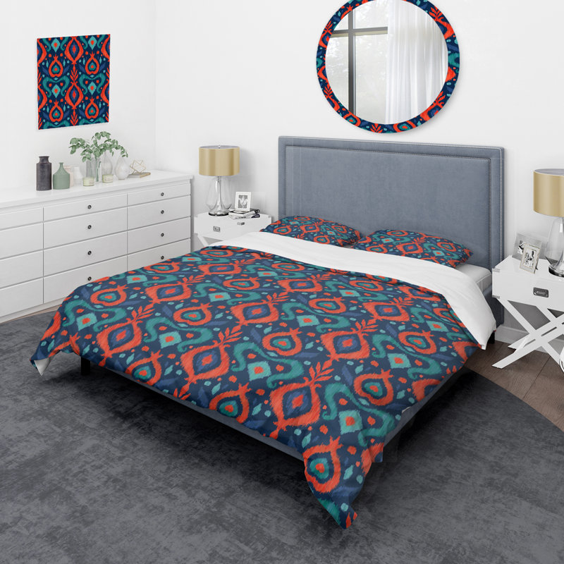 Ensemble de housse de couette abstrait orange et bleu Ikat Ogee - Microfibre de polyester