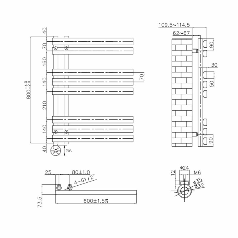 Cashtin Designer Towel Rail Heated Towel Rails, Black, 80cm H x 60cm W x 7.35cm D