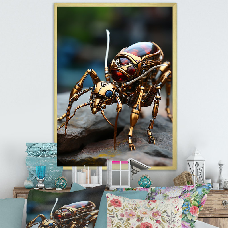 Travailleur métallique, fourmi bronze sur toile, Cadre doré simple, H 32 po x l 24 po x P 1 po