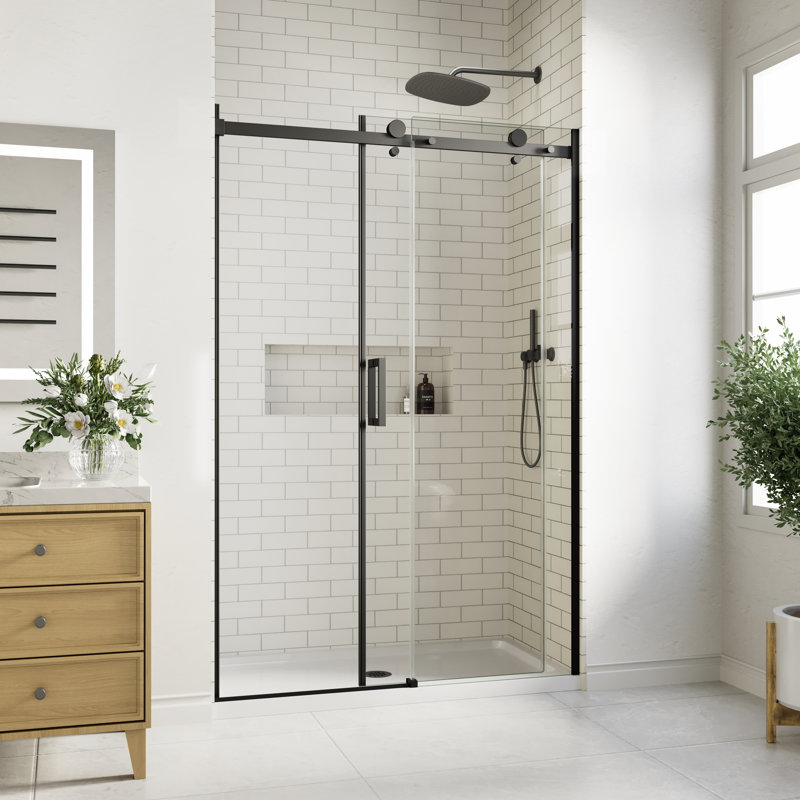 46" - 48" W x 74" H Single Sliding Frameless Shower Door in Matte Black Finish with 5/16" (8mm) Clear Glass