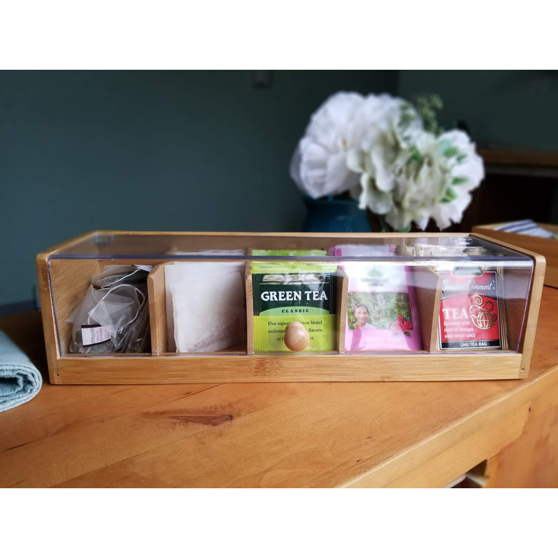 Natural Bamboo and Acrylic 5-Section Tea Box Organizer
