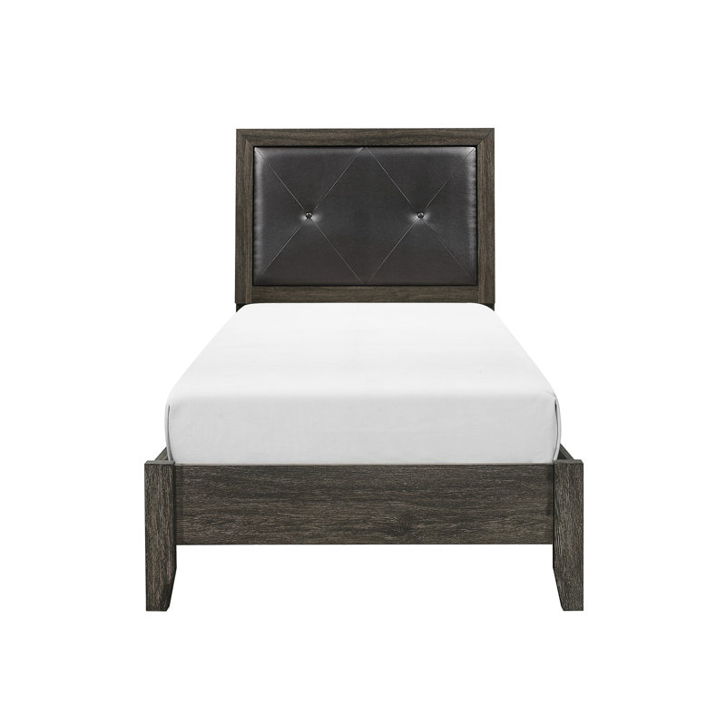 Lit simple contemporain gris foncé avec tête en similicuir et rails de tête de lit, Lit simple, Gris foncé