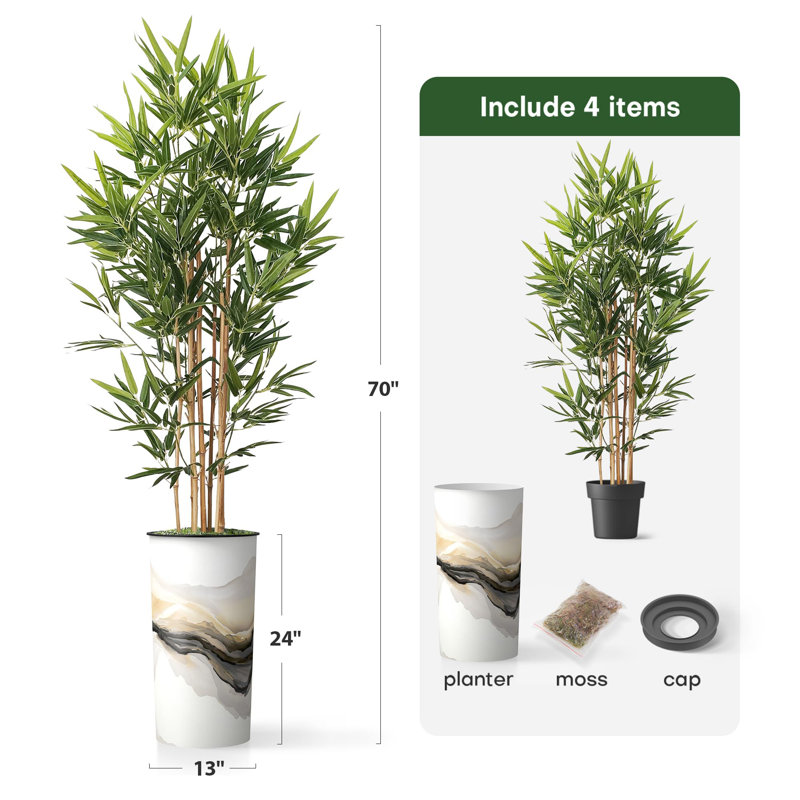 Artificial Tree in Black White Wood Tree Rings Pattern Planter Fake Bamboo Silk Tree, Abstract Land Yellow