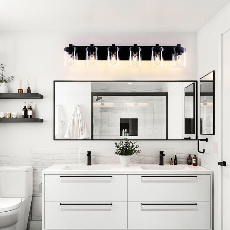 6 murs de salle de bain avec finition noire mate et abat-jour en verre transparent, facile à installer dans la chambre à coucher avec douilles modernes E26, pour le salon