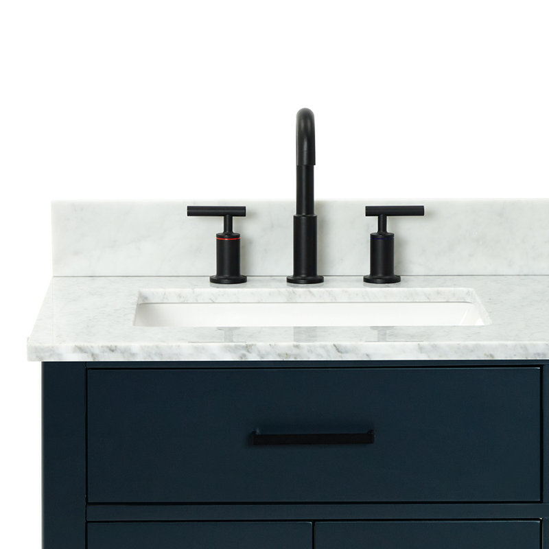 Jameal 36'' Solid Wood Single Bathroom Vanity with 0.75'' Carrara Marble Top, Right Offset Oval Sink, Midnight Blue, Left