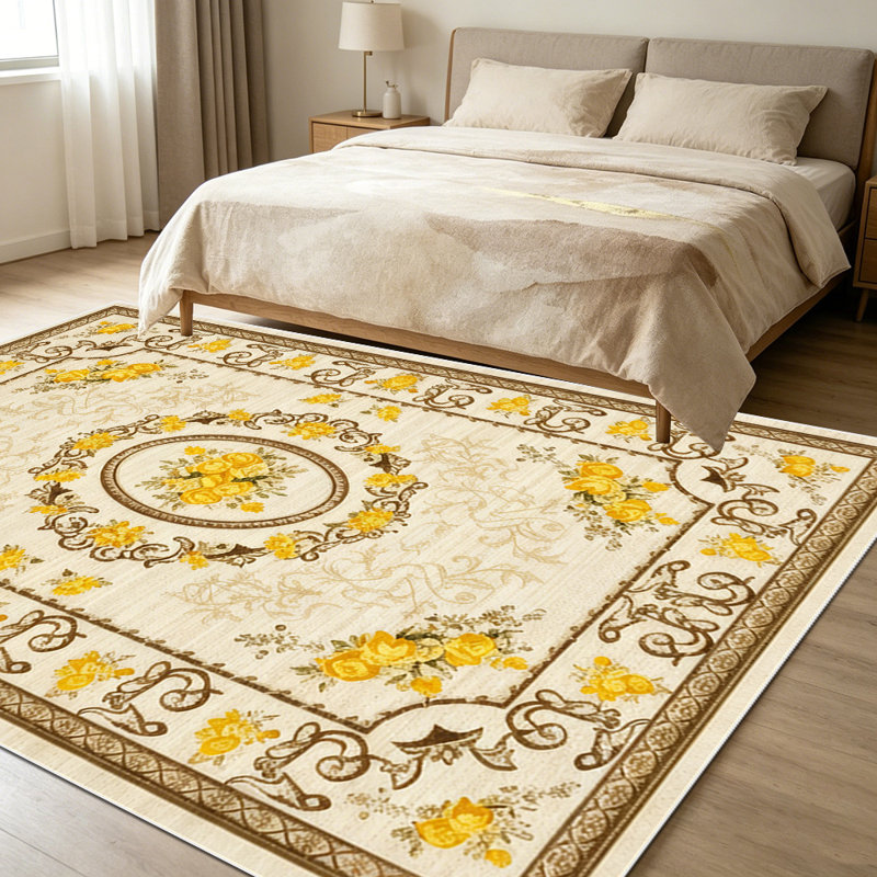 1PC Vintage European Yellow Rose Floral Damask area rugs for Living Room, Soft and Comfortable, Suitable for all seasons, easy-to-maintain, machine washable Indoor floor mat, Under Table Farmhouse suitable for Dining Room, Bedroom, Entryway, Hallway,
