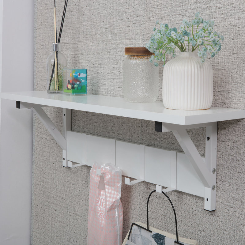 Ciardi Floating Shelf with Hooks - Wall Mounted Storage Shelf, Space Saving Organizer, White, 1