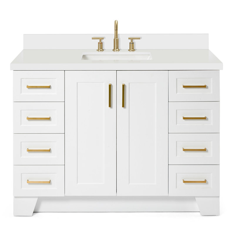 Freitas 48'' Solid Wood Single Bathroom Vanity, White, Rectangle, White Quartz