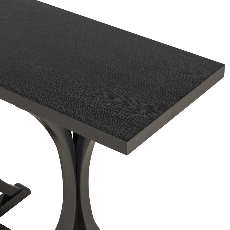 59.8'' Wooden Console Table With Oak Veneer Top,Farmhouse Entryway Table With Rubber Wood Slender Curved Legs, Black