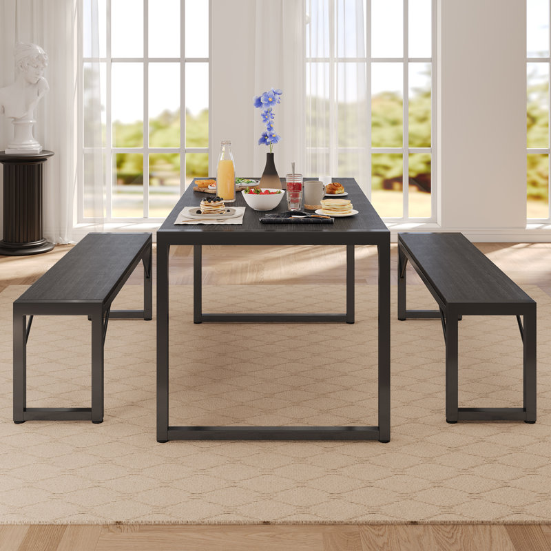 Ezzah Rectangular Dining Set with Benches, 28.7" H x 30" W x 48" D, 3 Pieces: Table, 2 Bench, Black/Black