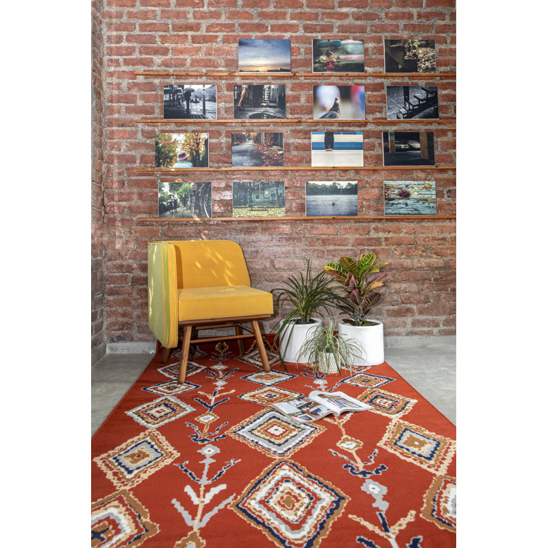 Tapis rouge à motif géométrique, Tapis de couloir 2 pi x 8 pi