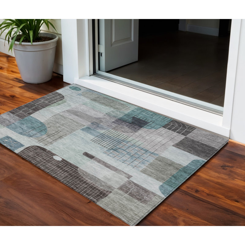 Tapis extérieur lavable abstrait bleu sarcelle et gris anthracite 3 pi x 5 pi