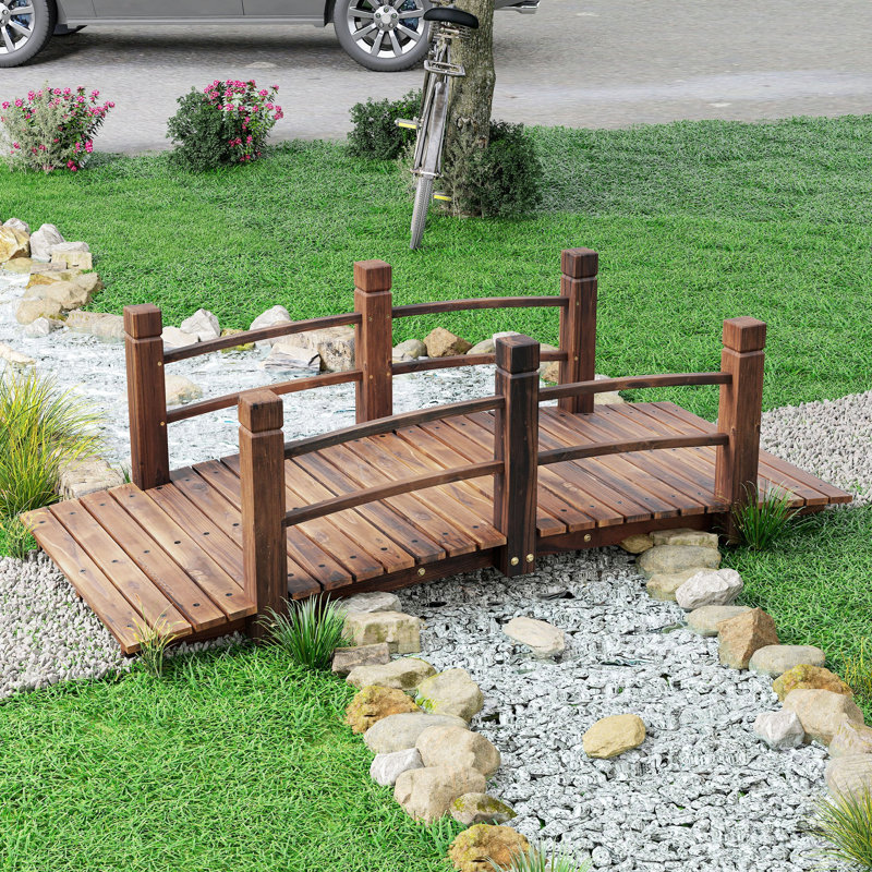 Passerelle arquée en bois de sapin avec rampes latérales pour arrière-cours, jardins et ruisseaux, bois teint, 60 po x 26,5 po x 19 po