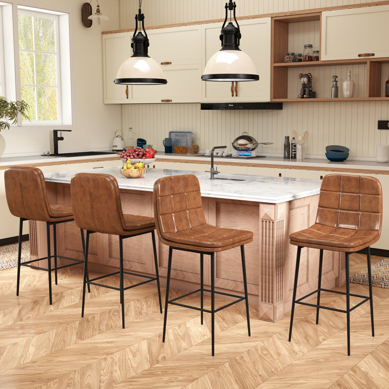 Upholstered Low Back 27.5" PU Leather Bar & Counter Stool With Metal Frame And Footrest, Modern Armless Bar Stools For Kitchen Island