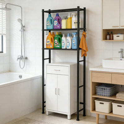 3-Tier Over The Toilet Storage Cabinet With Paper Holder And Hooks, Heavy-Duty Metal Bathroom Organizer Shelf For Bathroom, Laundry Room, Kitchen And Balcony