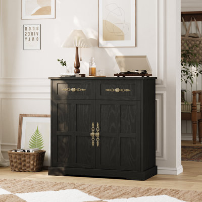 33.5" Black Buffet Sideboard with Storage, Modern Coffee Bar Cabinet with 2 Drawers & Gold Handles, Tall Kitchen Storage Organizer