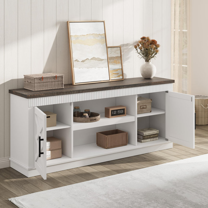 Meuble télé 65 po pour téléviseur de 70 à 75 po, centre de divertissement cannelé rustique avec portes de grange et tablette de rangement ouverte