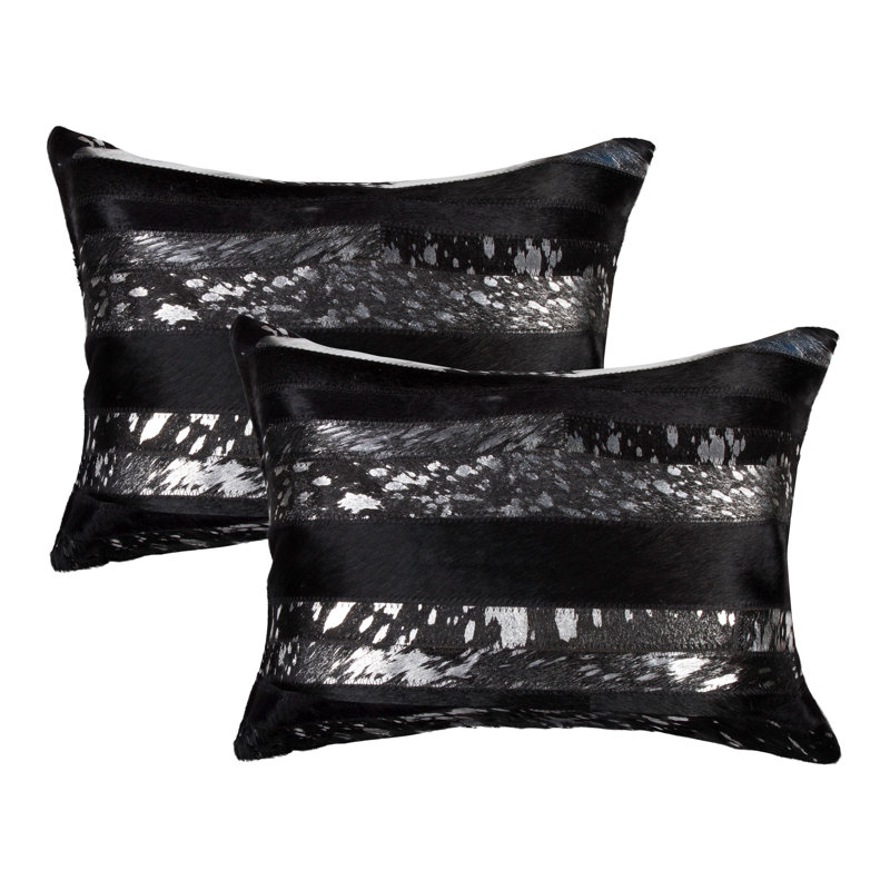 Rectangular Leather Pillow Cover and Insert, Black/Silver
