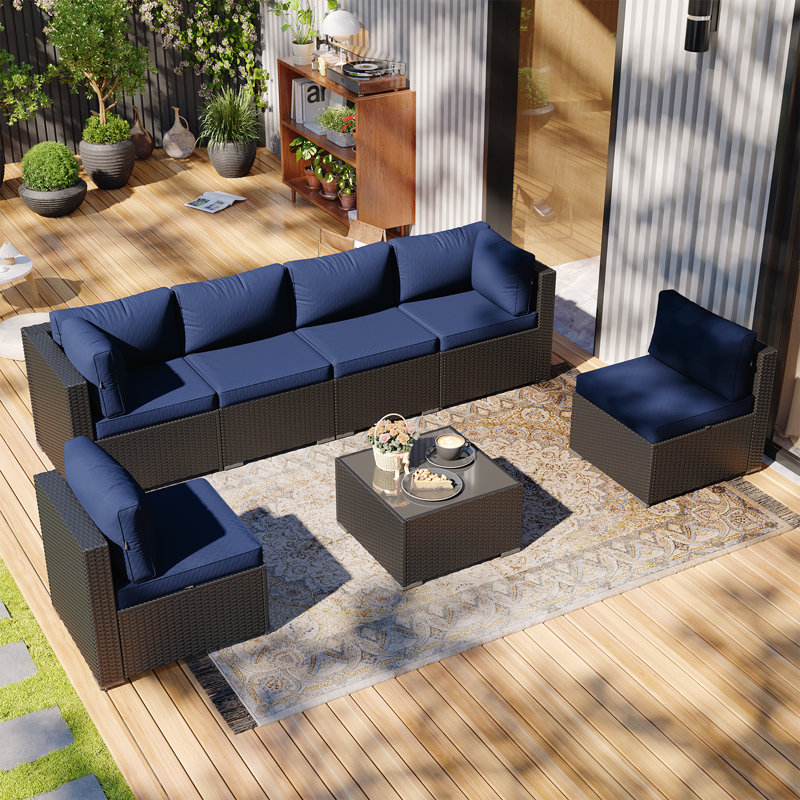 8-Piece Patio Furniture Set with Propane Gas Fire Pit Table, Black, Navy