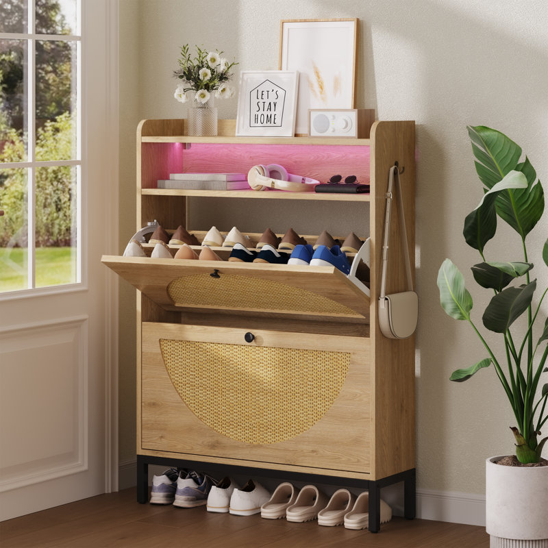 Shoe Cabinet With Led Light Strip, 44.6-inch Tall Rattan Shoe Cabinet With 2 Flip Drawers, Removable Inserts, Side Hooks, Anti-tip Brackets, Natural