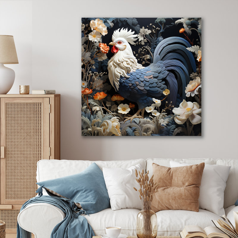 Coq dans un jardin de fleurs II, Toile tendue, H 30 po x l 30 po x P 1,5 po