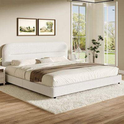 Manfred Boucle Upholstered Cloud Bed Frame with Rounded Corners Headboard, Soft Platform Bed Frame with Thickened Footboard