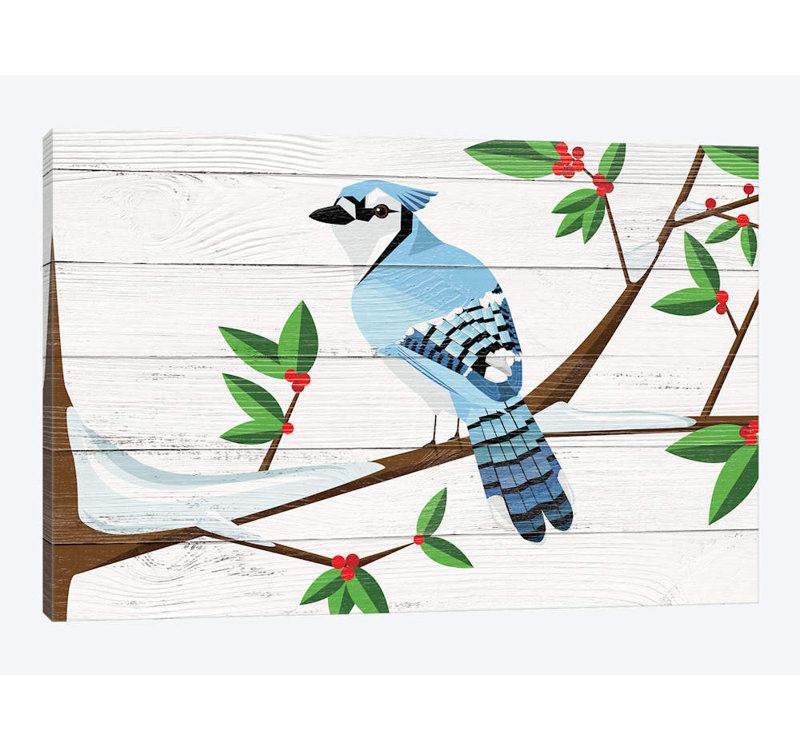 Berry Blue Jay by 5by5collective - Print on Canvas, 24" H x 32" W x 1" D, Black Framed Fine Art Paper, White