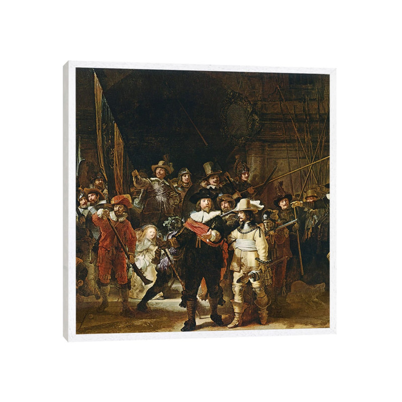 The Nightwatch, 1642 by Rembrandt Van Rijn - Painting on Canvas, White Framed, 45.72cm H x 45.72cm W x 3.81cm D