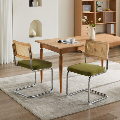 Dining Chairs Set Of 2, Velvet Accent Chairs With Natural Cane Back & Stainless Base, Famous Breuer Designed Chairs, Upholstered Rattan Kitchen Chairs