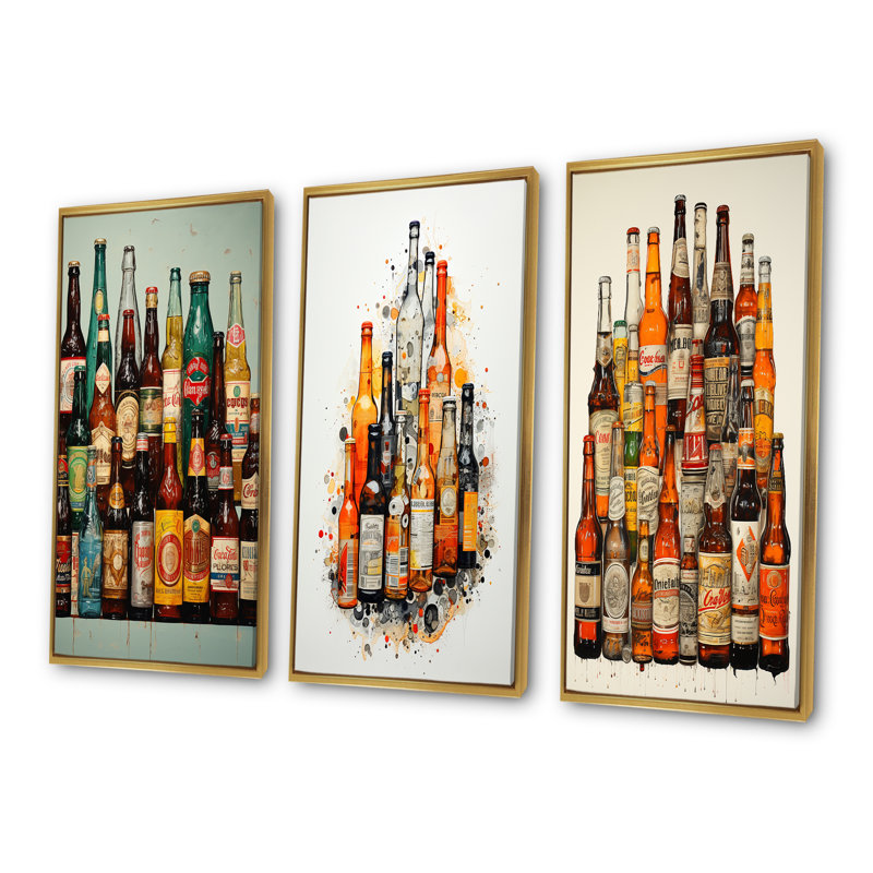 Collage de bouteilles de bière, Cadre flottant doré, H 32 po x l 48 po