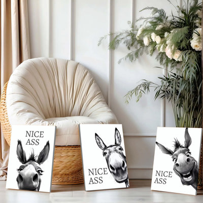 3 pièces d'art mural encadré, drôle d'âne, art mural, ensemble de 3 affiches d'animaux humoristiques en noir et blanc pour le salon, la chambre à coucher, le bureau, la décoration intérieure, une œuvre d'art moderne, une idée de cadeau pour les amoureux des animaux