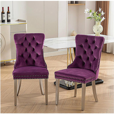 Chaise de salle à manger touffetée en bois massif et rembourrée de velours avec pieds en acier inoxydable chromé, garniture cloutée, ensemble de 2