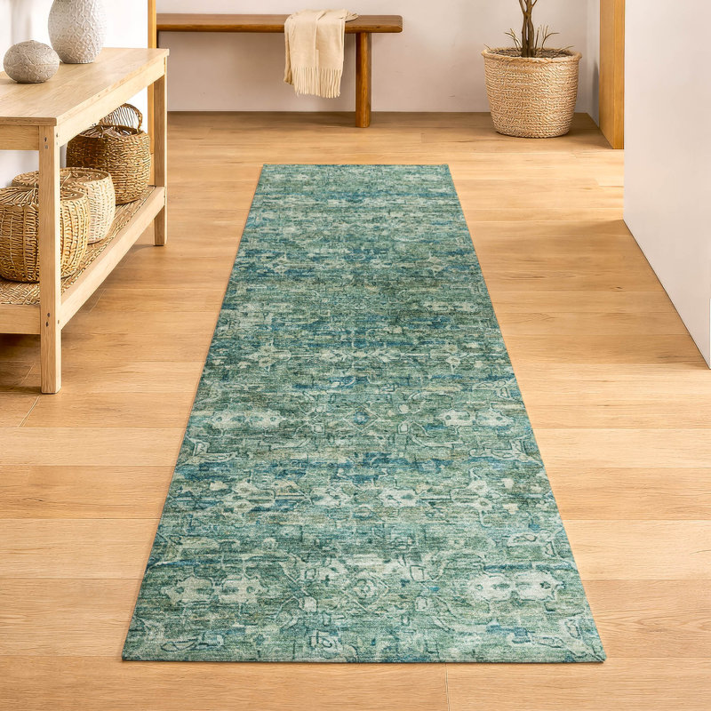 Premium Machine Washable Mayfield AMF2324 Ikat Rug, 2'3" x 7'6" Runner, Teal