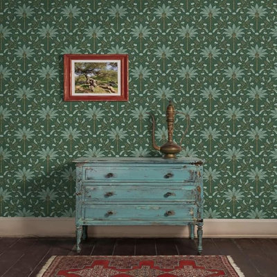 Lancashire Textiles Wallpaper Palm Trellis Green Nature Room Decor Wall Roll