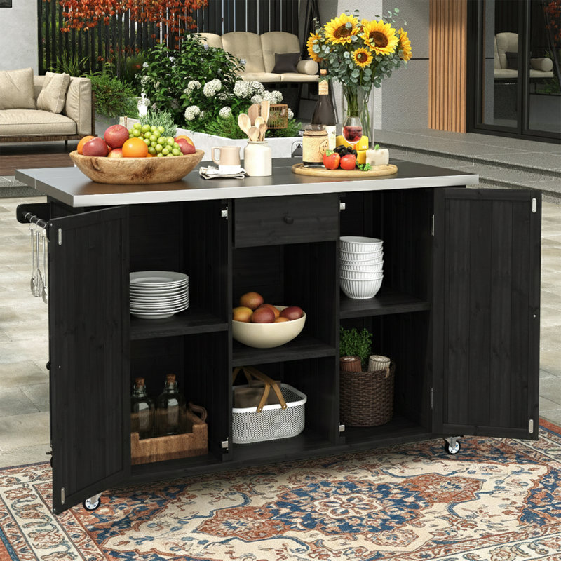 52" Outdoor Kitchen Island / Pizza Oven Stand with Stainless Steel Top - Foldable Rolling BBQ Prep Cart - Black, Black