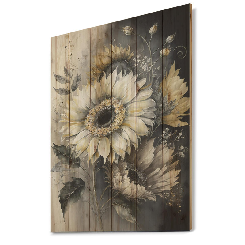 Tournesol blanc Lassay - impression sans cadre sur bois, H 40 po x l 30 po x P 1,5 po