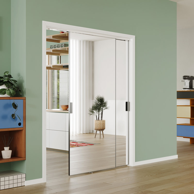 Porte coulissante - Porte de placard coulissante en aluminium moderne avec poignée de miroir pleine longueur et trousse de quincaillerie