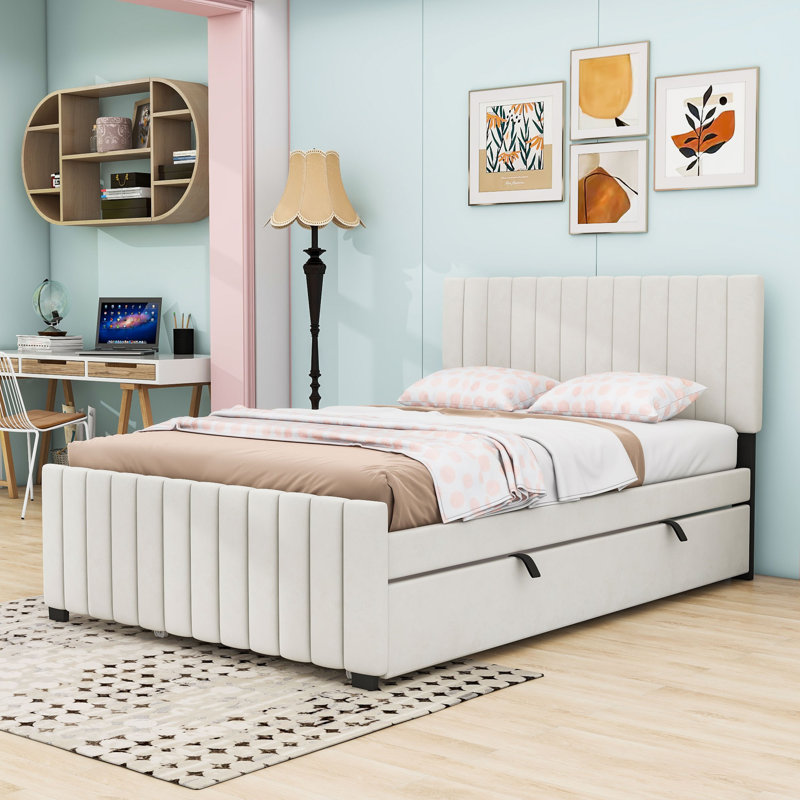 Elegant Velvet Upholstered Bed with Twin Trundle, Beige, Full