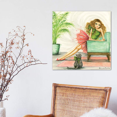 Claudia and Her Cat with the Big Green Bow 1 Piece Wrapped Canvas Painting